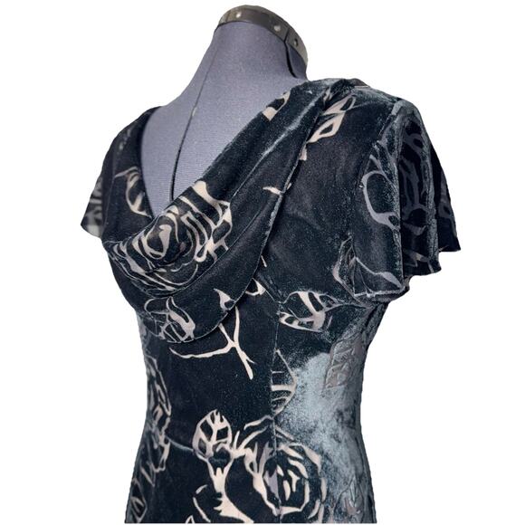 VTG Black Velvet Burnout Floral Lined Dress 10P Flutter Sleeve Draped Cowl Back - Picture 4 of 8